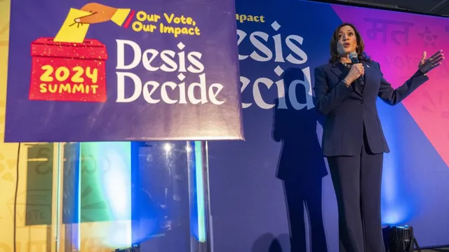US Vice President Kamala Harris speaking at “Desis Decide” -- the annual summit of Indian American Impact, a democratic party think tank