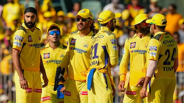 Chennai Super Kings bowler Simarjeet Singh celebrates with teammates after taking the wicket of Rajasthan Royals batter Yashasvi Jaiswal during the Indian Premier League T20 cricket match