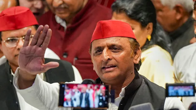 Samajwadi Party President Akhilesh Yadav addresses a press conference, at the party office in Lucknow