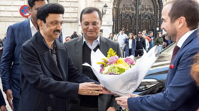 Tamil Nadu Chief Minister M K Stalin being welcomed in the presence of Dinesh K. Patnaik, Ambassador of India to Spain, on his arrival in Madrid on Monday. 