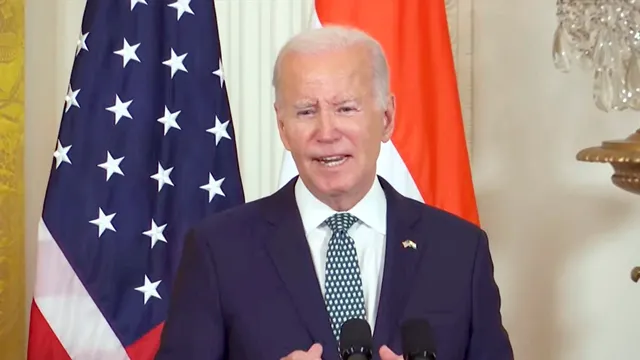 US President Joe Biden speaks during his joint press conference with Prime Minister Narendra Modi (unseen) at the East Room of the White House, Washington DC, Thursday, June 22