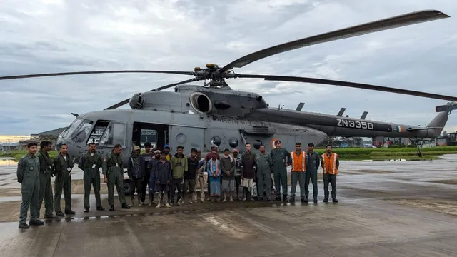 IAF rescued 13 marooned survivors from a small island in the flooded Brahmaputra, north of Dibrugarh in Assam