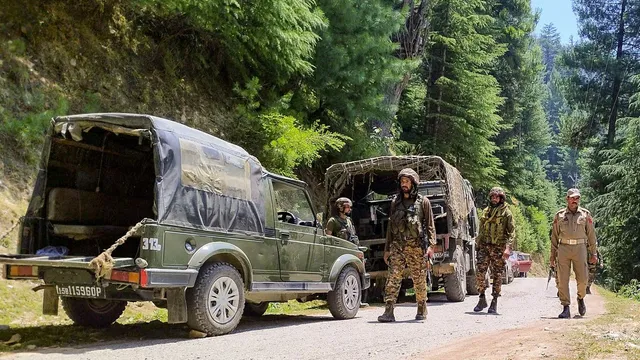 Security forces personnel during and encounter with terrorists in Desa forest area, in Doda district of Jammu and Kashmir, Tuesday, July 16, 2024.