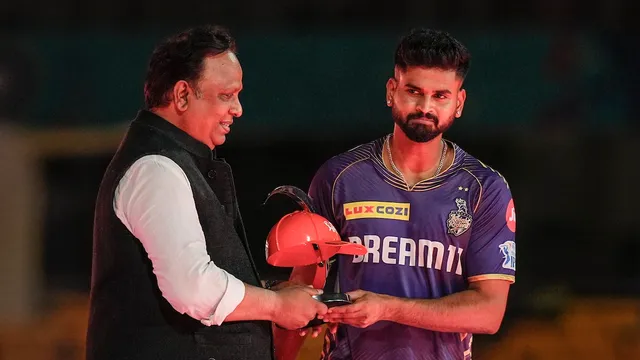 KKR's skipper Shreyas Iyer being honoured during the presentation ceremony after the Indian Premier League (IPL) 2024 final cricket match between Kolkata Knight Riders and Sunrisers Hyderabad at MA Chidambaram Stadium, in Chennai, Sunday, May 26, 2024. KKR won by 8 wickets. 