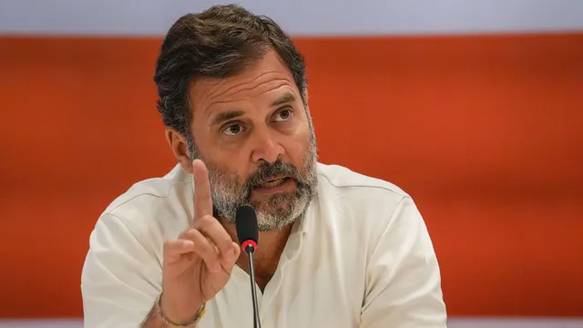 Congress leader Rahul Gandhi speaks during a joint press conference with Samajwadi Party President Akhilesh Yadav (unseen), ahead of Lok Sabha elections, in Ghaziabad, Wednesday, April 17, 2024