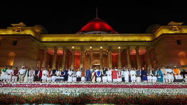 President Droupadi Murmu and Vice President Jagdeep Dhankhar with Prime Minister Narendra Modi and other ministers at the swearing-in ceremony of new Union government, at Rashtrapati Bhavan in New Delhi, Sunday, June 9, 2024. 