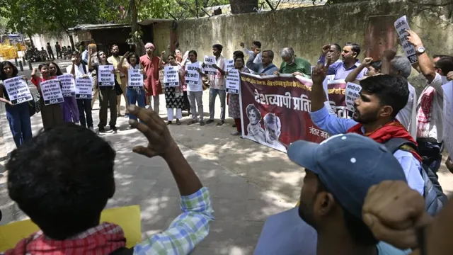 Various organisations stage a protest against the UAPA case and in solidarity with author Arundhati Roy and Professor Sheikh Showkat Hussain, organised by CPI ML, at Jantar Mantar in New Delhi on Thursday.