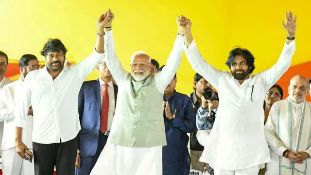 Prime Minister Narendra Modi with Janasena Chief Pawan Kalyan and actor K Chiranjeevi during the swearing-in ceremony of Andhra Pradesh Chief Minister-designate N Chandrababu Naidu, in Amaravati, Wednesday, June 12, 2024.