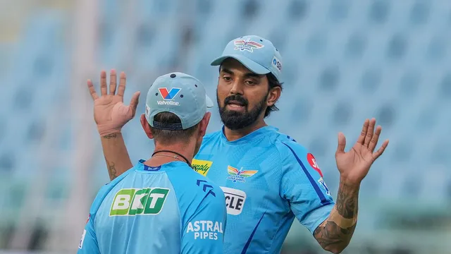 LSG Coach Justin Langer with KL Rahul, at the Bharat Ratna Shri Atal Bihari Vajpayee Ekana Cricket Stadium, in Lucknow, Saturday, May 4, 2024