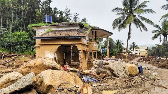 Damaged houses and the terrain in the Chooralmala village a month after the Wayanad landslides disaster that struck Kerala on July 30.