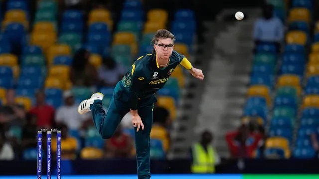 Australia's Adam Zampa bowls during the men's T20 World Cup cricket match between Australia and Oman at Kensington Oval in Bridgetown, Barbados, Wednesday, June 5, 2024.