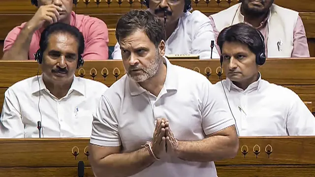 Lok Sabha LoP Rahul Gandhi speaks in the House during ongoing Parliament session, in New Delhi, Monday, July 1, 2024.