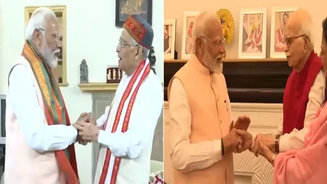 Prime Minister Narendra Modi meets senior BJP leaders L K Advani and Murli Manohar Joshi after key NDA meeting in New Delhi