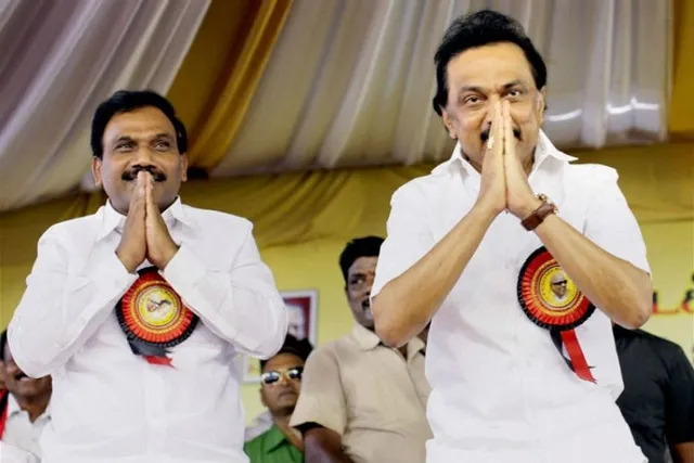 DMK Leader A Raja with M K Stalin (File photo)