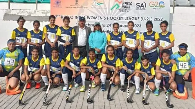 Pritam Siwach (centre, blue upper) with her academy team at Khelo India Hockey League (U-21)