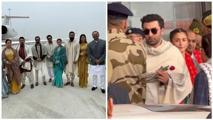 Madhuri Dixit, Katrina Kaif, Ranbir Kapoor, Alia Bhatt and other celebs spotted together at the airport ahead of Ayodhya Ram Temple consecration ceremony. 