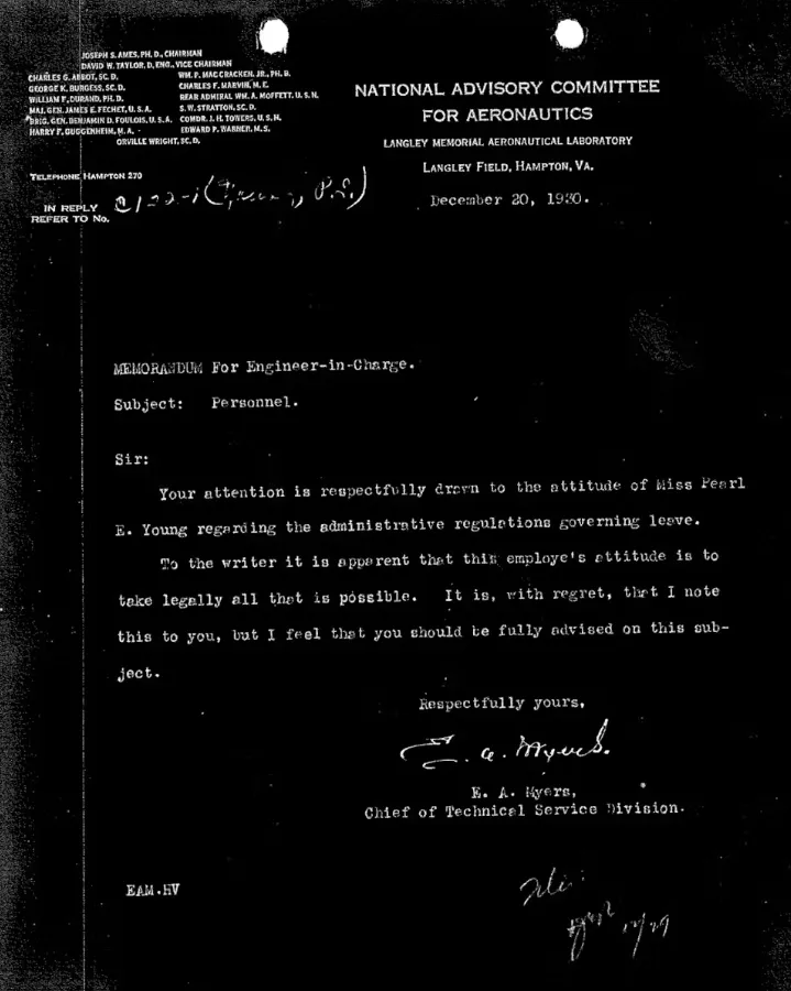A 1930 memorandum to the engineer in charge, from the official personnel folder of Pearl Irma Young, describes her ‘attitude.’ National Archives and Records Administration - National Personnel Records Center