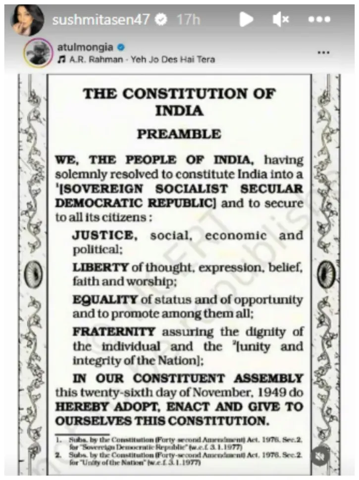 Sushmita Sen shares Preamble of the Indian Constitution. (Pic: Sushmita/Instagram)