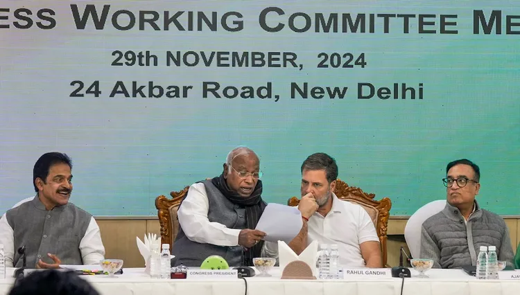 Mallikarjun Kharge with Rahul Gandhi, Ajay Maken and KC Venugopal during the CWC meeting, at the AICC headquarters in New Delhi on Friday, Nov 29, 2024.