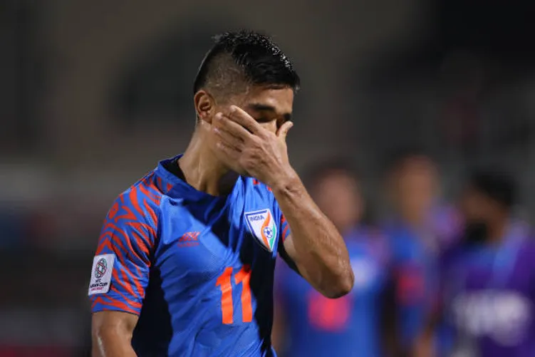 The Indian skipper Sunil Chhetri looks dejected after losing to Bahrain 