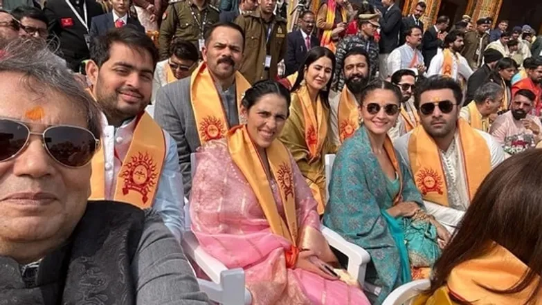 Akash Ambani with wife Shloka Mehta, Alia Bhatt and Ranbir Kapoor as well as Katrina Kaif and Vicky Kaushal and Rohit Shetty were captured in one frame at the Pran Pratishtha ceremony.&nbsp;