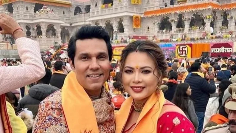 Randeep Hooda and Lin Laishram at the Ram Mandir Pran Pratishtha ceremony in Ayodhya on Monday. The couple were in traditional ensembles and were among many of their industry colleagues who were a part of the ceremony.&nbsp;