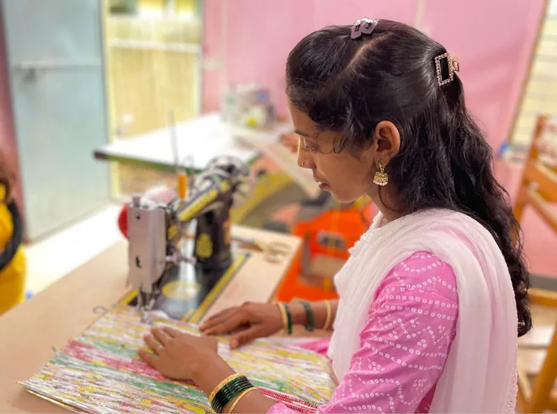 upcycled plastic fabric is turned into bags, pouches etc.  