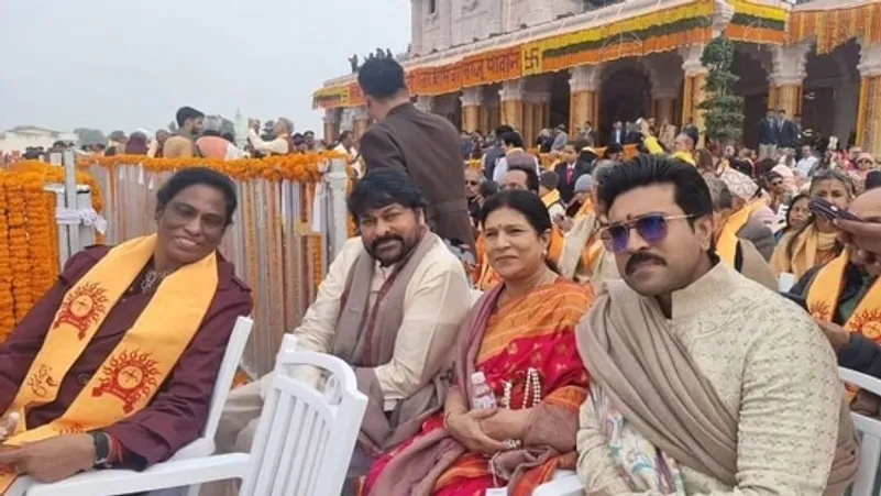 Chiranjeevi, wife Surekha Konidala and son Ram Charan got to meet P.T. Usha at the Ram Mandir ceremony. All of them came together for a picture as they attended the function.&nbsp;