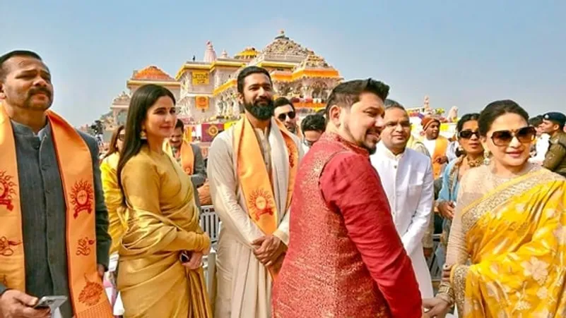 Filmmaker Rohit Shetty, Katrina Kaif and husband Vicky Kaushal, Madhuri Dixit Nene with husband Dr Shriram Nene and other dignitaries at the Ram Mandir during the 'Pran Pratishtha' ceremony, in Ayodhya.(PTI)