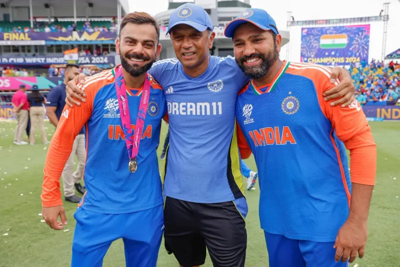 Rohit Sharma, Rahul Dravid, and Rohit Sharma after the T20 World Cup 2024 title clinch