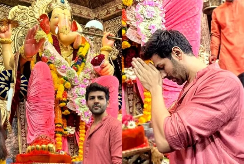 Kartik Aaryan Celebrates Ganesh Chaturthi at Famous Lalbaugcha Raja, Offers  Prayers in Red Kurta - Pics