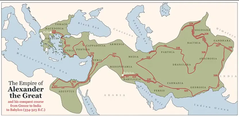 Conquest course of Alexander the Great from Greece to India to Babylon in 334-323 BC, with the most important provinces of his empire. Shutterstock