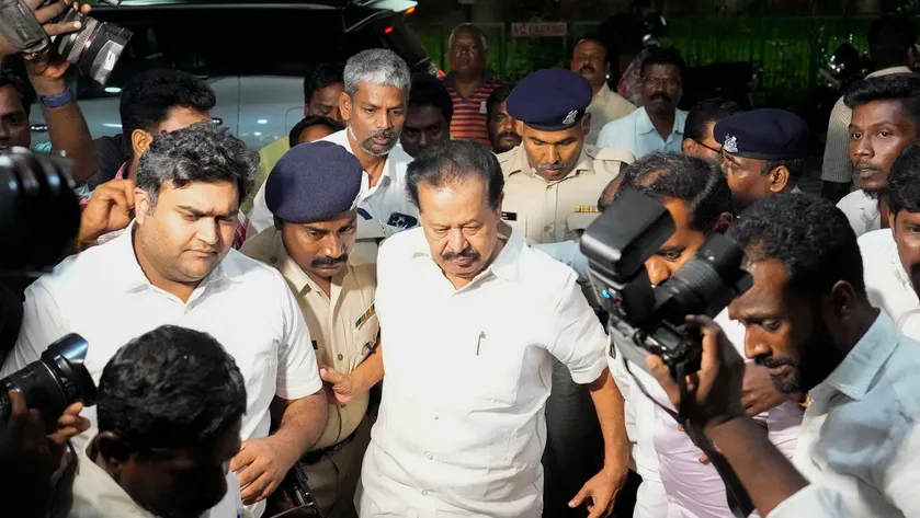 Enforcement Directorate officials take Tamil Nadu Higher Education Minister K Ponmudy for enquiry after day-long searches at his premises in connection with a money laundering case, in Chennai