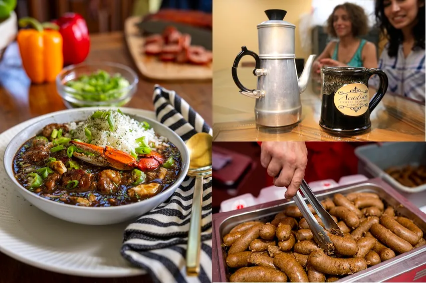 SEAFOOD GUMBO, Acadian Coffee Roasters, and Boudin