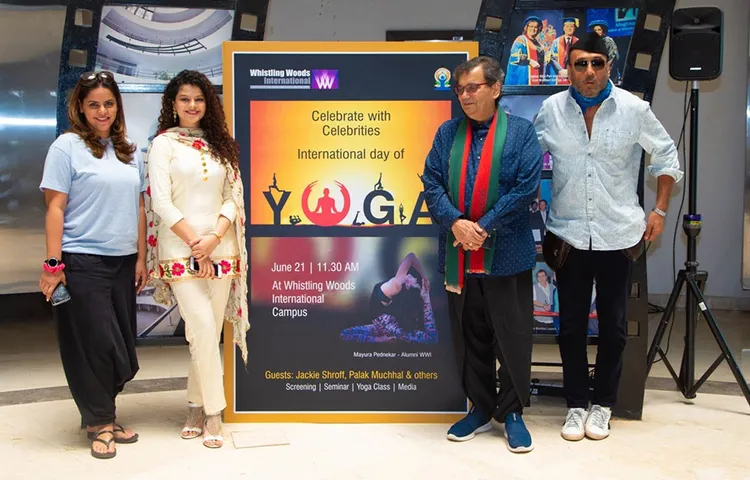 Subhash-Ghai,-Jackie-Shroff,-And-Palak-Muchhal-Celebrate-International-Yoga-Day-At-Whistling-Woods-International