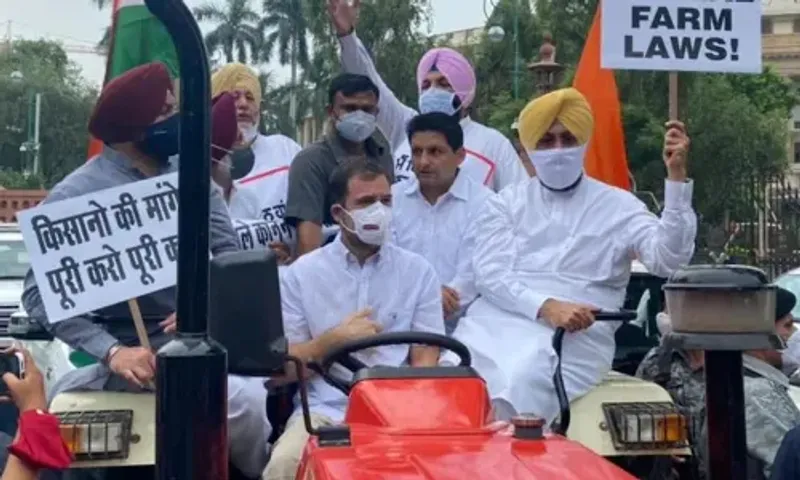 Rahul Gandhi reaches Parliament on tractor in protest against farm laws