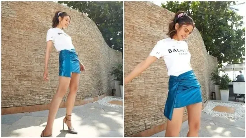 Rakul Preet's white t-shirt, short metallic blue skirt is summer fashion goals