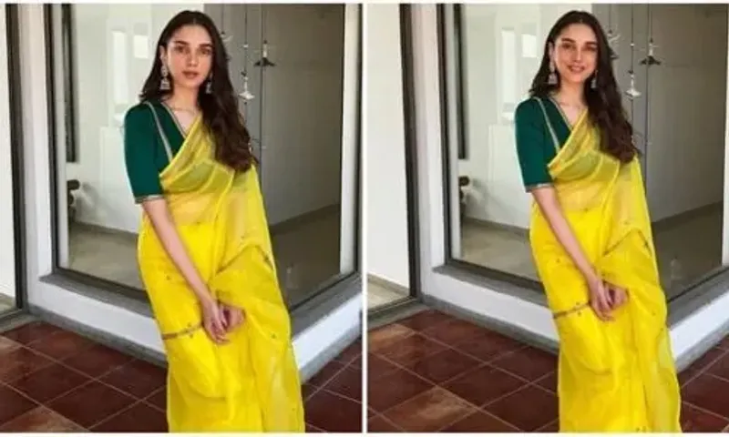 Aditi Rao Hydari is elegance personified in yellow organze saree, green blouse