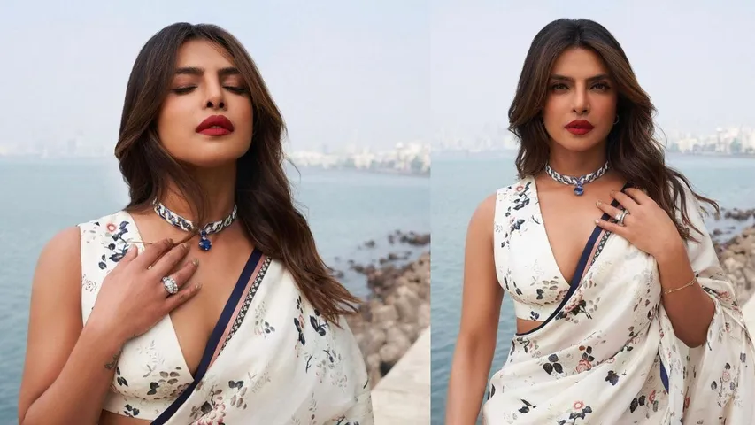 Priyanka Chopra White Saree Photos : समुद्र किनारे बलखाती नजर आई प्रियंका चोपड़ा