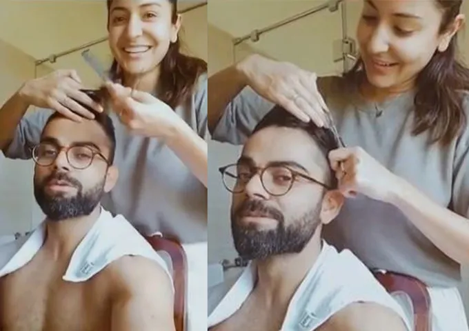 अनुष्का शर्मा बनी विराट कोहली की हेयर स्टाइलिस्ट , किचन की कैंची से काटे बाल वीडियो वायरल