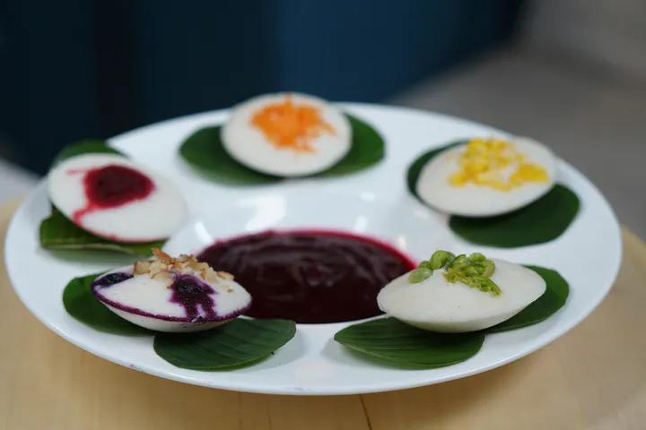 Rainbow Idli with Beet Ketchup