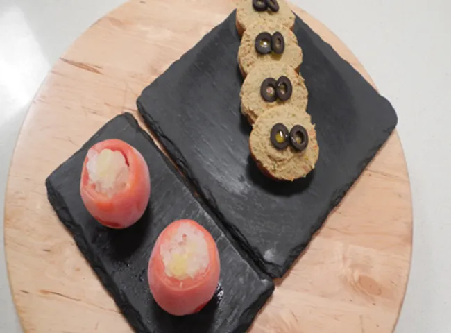 Feta Salad Ice in Frozen Tomato Cups and Feta Crea