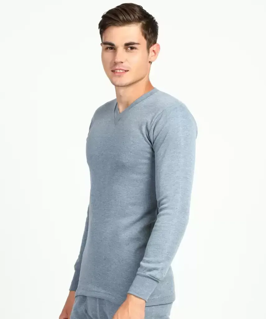 Rupa Thermacot V Neck Full Sleeve Blue Thermal Top and Bottom Set For Men |  Thermal Wear For Men