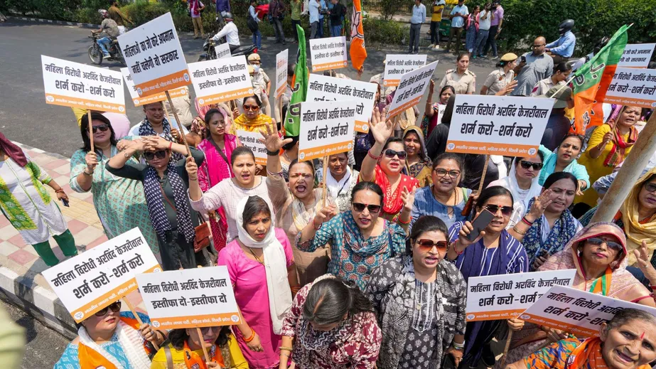 BJP women workers stage a protest against Delhi Chief Minister Arvind Kejriwal, in New Delhi, Wednesday, May 15, 2024