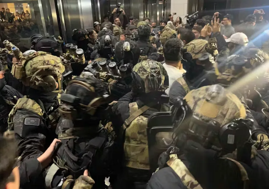 South Korean martial law soldiers try to enter the National Assembly compound in Seoul. Cho Jung-woo/Newsis/AP