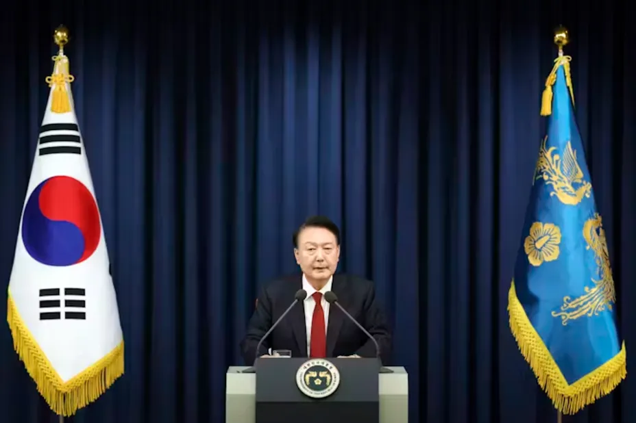 South Korean President Yoon Suk Yeol addressing the media at the presidential office in Seoul. South Korea Presidential Office/AP