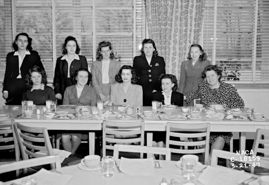 Pearl Young, seated in the front row, far right, with the technical editing section at the Aircraft Engine Research Laboratory. The AERL’s Wing Tips described Young’s office as one which embodied ‘constant vigilance’ and encompassed a ‘rigidly trained crew.’ NASA Glenn Research Center Archives