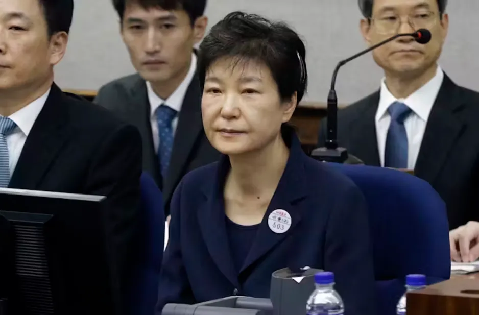 Former South Korean President Park Geun-hye sits for her trial in Seoul in 2017. Ahn Young-joon/AP