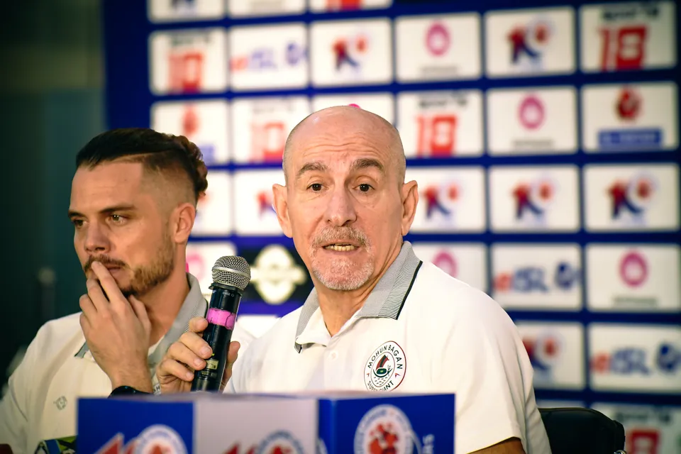 Antonio Lopez Habas during the pre match press conference ahead of MBSG vs OFC ISL 2023-24 SF1, Leg 2 in Kolkata - sportzpoint.com