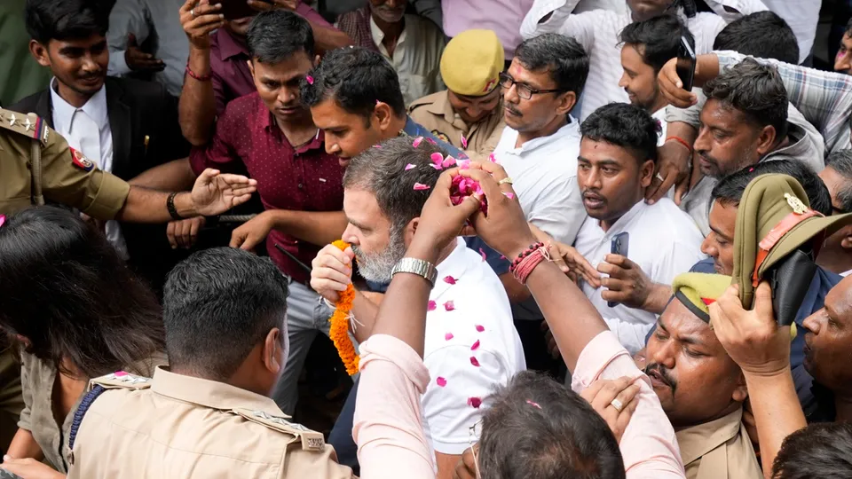 Congress leader Rahul Gandhi on his way to appear at a district court in connection with a defamation case, in Sultanpur, Friday, July 26, 2024